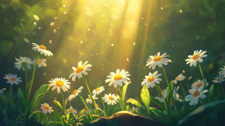 A beautiful scene showcasing daisies blooming in a lush forest, illuminated by soft sunlight rays. This peaceful moment captures nature's vibrant beauty and tranquility.の素材
