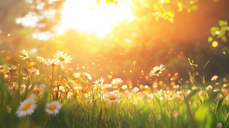 A stunning view of a meadow filled with vibrant daisies illuminated by bright sunlight. This serene landscape captures the essence of nature's beauty and tranquility.の素材
