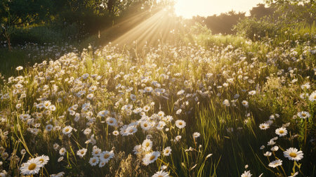 A stunning meadow filled with vibrant wildflowers glows in the gentle morning light, creating a serene and peaceful atmosphere perfect for nature lovers.の素材