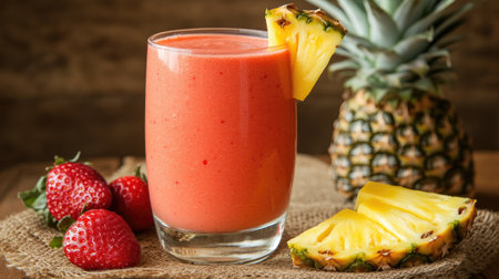 A vibrant smoothie made from strawberries and pineapple served in a glass, garnished with a slice of fresh fruit. Perfect refreshing drink for summer!の素材