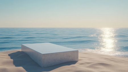 A serene beach scene featuring a concrete platform on soft sand with gentle ocean waves. Bright sunlight reflects on the calm water, creating a peaceful atmosphere.の素材