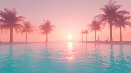 A stunning sunset casts a warm glow over a tranquil pool, framed by silhouetted palm trees. This serene scene epitomizes relaxation and represents a perfect vacation atmosphere.の素材