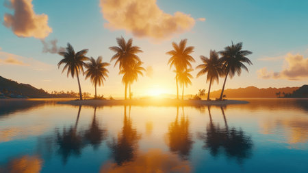 A stunning view of a tropical island during sunset featuring silhouetted palm trees. The vibrant colors reflect beautifully in the calm water, creating a peaceful atmosphere.の素材