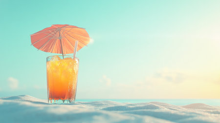 A vibrant tropical drink sits on a beach, complete with an umbrella and ice, offering a refreshing escape. Ideal for summer vacation themes and relaxation.の素材