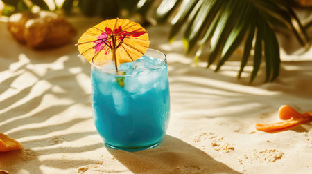 A vibrant blue cocktail garnished with an umbrella sitting on sandy beach with soft shadows. Perfect for summer vibes and tropical relaxation scenes.の素材