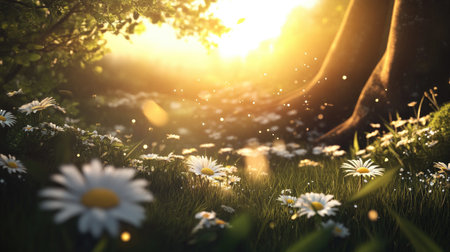 A serene sunlit meadow filled with daisies, illuminated by warm sunlight filtering through lush green leaves, creating a tranquil atmosphere in nature.の素材