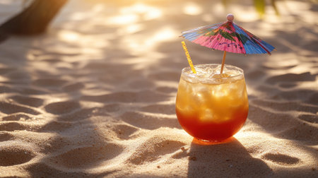 A vibrant tropical drink sits on golden sand, with a colorful umbrella. The warm sunset casts a beautiful glow, evoking feelings of relaxation and joy.の素材