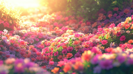 A breathtaking view of a vibrant blooming flower field, illuminated by soft sunlight, creating a serene and picturesque scene perfect for nature lovers and floral enthusiasts.の素材