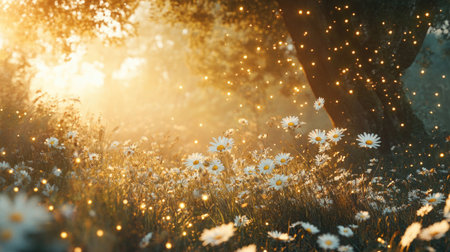 A enchanting meadow scene filled with daisies, sunlight rays filtering through trees, and glowing dust particles creating a magical atmosphere of tranquility.の素材