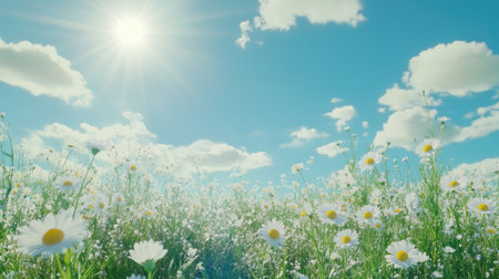 A stunning view of a field filled with blooming daisies under bright sunlight. Soft clouds float in a blue sky, creating a serene and peaceful landscape ideal for nature lovers.の素材