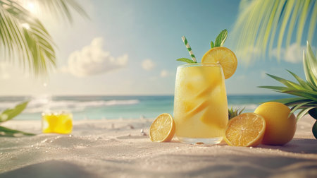 A vibrant tropical drink garnished with citrus fruit sits on sandy beach with a stunning ocean backdrop, perfect for summer relaxation and enjoyment.の素材