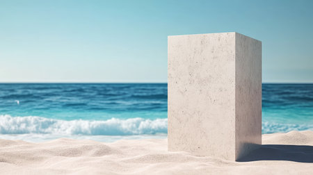 A minimalist concrete block stands on a sandy beach, facing a serene ocean horizon. The scene captures tranquility, blending nature and simplicity.の素材