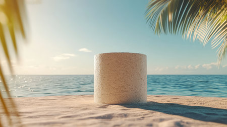 A tranquil coastal scene featuring a round stone set against a beautiful sandy beach and serene blue ocean. Palm leaves frame the image, enhancing the peaceful atmosphere.の素材