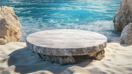 A tranquil beach scene featuring a circular stone platform resting on sand, with gentle waves lapping at its base, evoking serenity and natural beauty.の素材