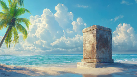 This serene beach scene features a lush palm tree beside a weathered stone structure, surrounded by vibrant clouds and the tranquil ocean waves, evoking a sense of peace and adventure.の素材