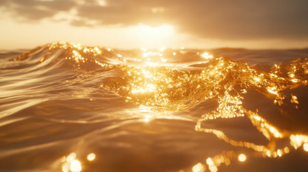 A stunning view of golden sunlight reflecting on gentle ocean waves during sunset. The tranquil scene captures the beauty of nature at dusk.の素材