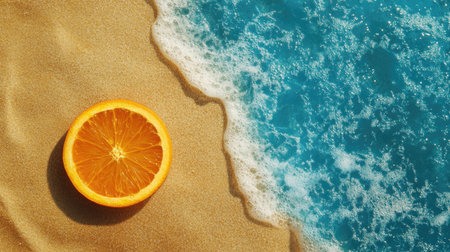 A vibrant orange slice placed on soft sandy beach with shimmering turquoise water waves. This image embodies summer joy and tropical relaxation perfect for vacation themes.の素材
