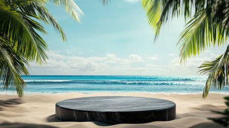 A tranquil beach scene featuring a round platform amidst lush palm trees and a picturesque ocean view, perfect for showcasing brand relaxation and escape.の素材