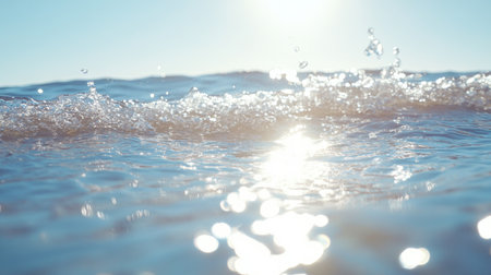 Serene ocean waves gently lap at the shore, sparkling under bright sunlight. This image captures the calming beauty of nature by the beach, evoking relaxation.の素材