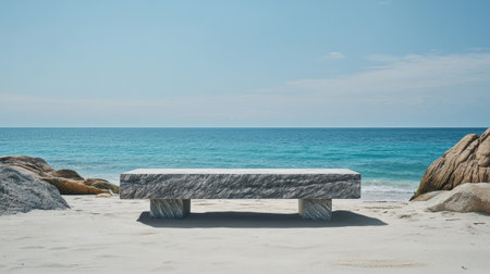 A sleek stone bench positioned on a serene beach offers stunning views of the azure ocean. This minimalist setting captures the essence of relaxation and tranquility.の素材
