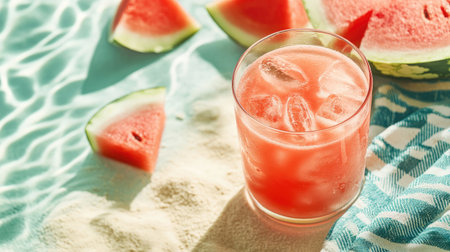 A vibrant watermelon drink with ice sits on sandy beach terrain, surrounded by fresh fruit slices, embodying summer relaxation and enjoyment.の素材