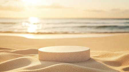 A peaceful beach scene features a calm ocean at sunset, with gentle waves and soft golden sand creating a serene atmosphere, perfect for relaxation.の素材