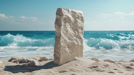A solitary stone stands on a sandy beach, surrounded by gentle ocean waves and a clear blue sky, creating a peaceful and serene coastal scene perfect for relaxation.の素材