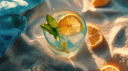 A vibrant summer cocktail featuring fresh lemon and mint served over ice. Perfectly refreshing for beach lovers, this drink embodies a tropical paradise.の素材