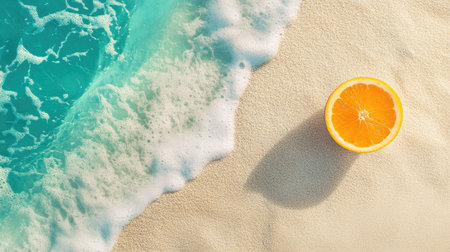 A vibrant orange slice resting on golden sand beside turquoise ocean waves, capturing the essence of summer, freshness, and tropical escape in a sunny setting.の素材