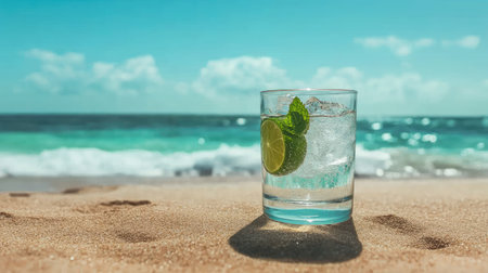 A refreshing beverage in a glass sits on sandy beach, featuring a lime slice and mint. The bright blue ocean and sunny skies make this scene ideal for summer relaxation.の素材
