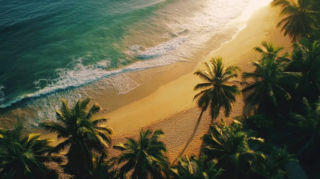 Capture the essence of paradise with this aerial view of a tropical beach, featuring serene palm trees, gentle waves, and golden sand illuminated by warm sunlight.の素材