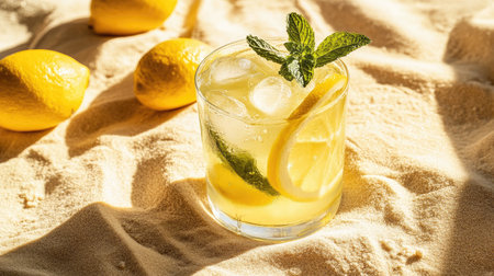 A refreshing glass of lemonade cocktail garnished with fresh mint and lemon slices, set against a sandy background, ideal for summer vibes and relaxation.の素材