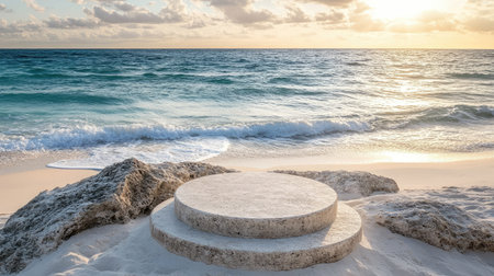 A serene beach scene featuring a round stone platform with gentle waves lapping at the sandy shore during a golden sunrise. Perfect for relaxation and inspiration.の素材
