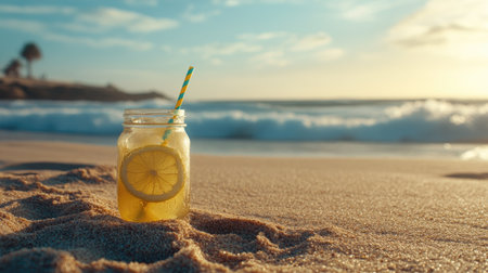 Enjoy a refreshing lemonade served in a glass jar, placed on sandy beach shores with gentle ocean waves in the backdrop at sunset.の素材