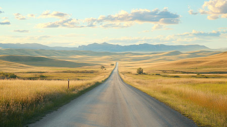 A tranquil country road stretches through a vast landscape, bordered by golden fields and distant mountains, creating a serene atmosphere perfect for travel and exploration.の素材