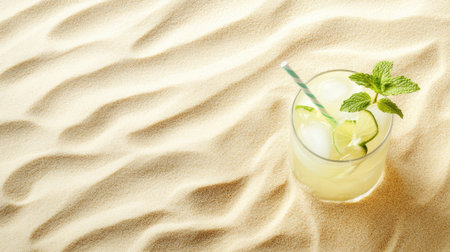 A refreshing lemonade drink with ice and mint leaves rests on sandy surface, capturing the essence of summer relaxation and beach vibes. Perfect for a warm day!の素材
