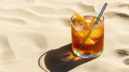 A vibrant cocktail sits on soft sand, showcasing an orange slice and ice. This refreshing drink embodies summer leisure, perfect for beach vacations.の素材
