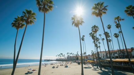 A vibrant beach scene featuring tall palm trees, soft sand, and calm ocean waves under a clear blue sky. Perfect for summer relaxation and vacation vibes.の素材