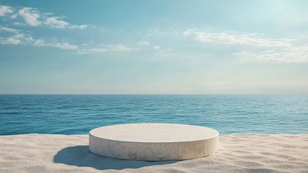 A serene beach scene featuring a round platform on soft sand with a calm ocean in the background. Ideal for showcasing relaxation and tranquility.の素材
