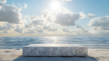 A tranquil seascape showcasing a smooth stone platform against the backdrop of bright clouds and calm waters, evoking a sense of peace and relaxation.の素材