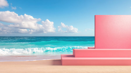 A vibrant scene featuring bright pink geometric shapes on a sandy beach, contrasting against a serene ocean backdrop and soft white clouds. Ideal for summer-themed projects.の素材