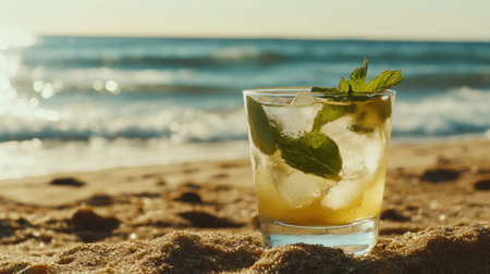A refreshing mint cocktail served in a glass, resting on sandy beach. Waves gently roll in the background, creating a perfect summer ambiance for relaxation.の素材
