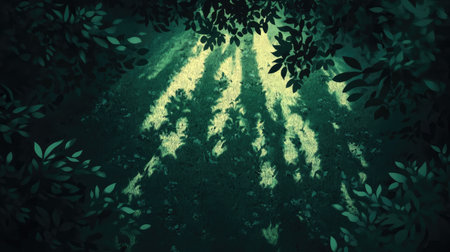 Experience the beauty of nature with sunlight filtering through green leaves, creating soft shadows on the ground. A tranquil atmosphere awaits.の素材