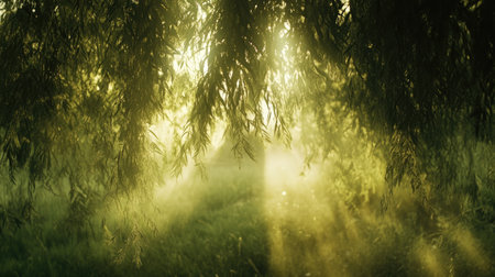 Soft sunlight filters through lush green leaves, creating a peaceful ambiance in a tranquil forest. Enjoy the serene beauty of nature and light.の素材