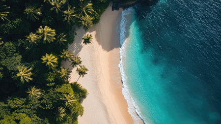 Discover a breathtaking aerial view of a serene tropical beach, featuring golden sand, lush palm trees, and clear blue water. Perfect for travel inspiration.の素材