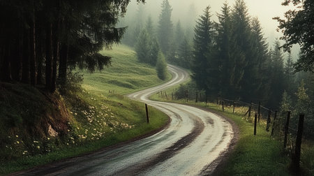 This enchanting scene captures a winding road through a misty forest, creating a tranquil atmosphere. Perfect for themes of travel, nature, and serenity.の素材