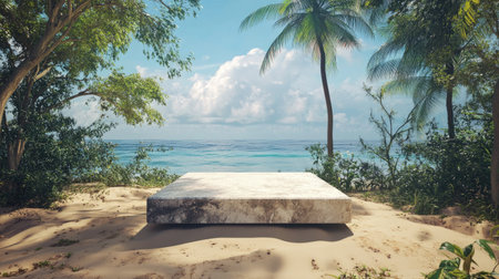 A serene beach scene featuring a solitary mattress surrounded by lush palm trees. The clear ocean in the background enhances the tranquil atmosphere, inviting relaxation.の素材