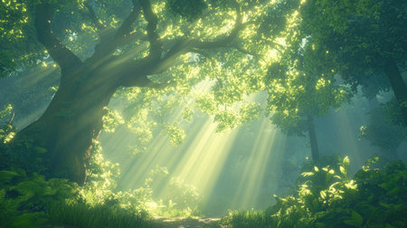 Discover a serene forest scene where sunlight filters through vibrant leaves, creating an enchanting atmosphere perfect for nature lovers and explorers.の素材