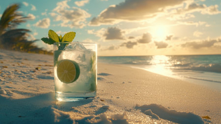 A refreshing cocktail served on a sandy beach, highlighting lime and mint, against a stunning sunset backdrop. Perfect for summer relaxation and vacation vibes.の素材