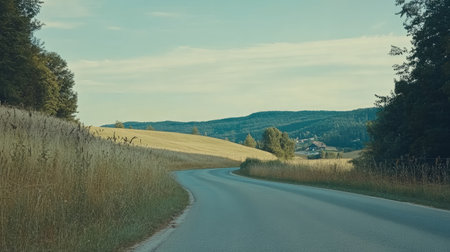 A serene curved road winds through a lush green landscape, bordered by tall grass and trees, leading to distant hills under a clear sky. Ideal for travel themes.の素材
